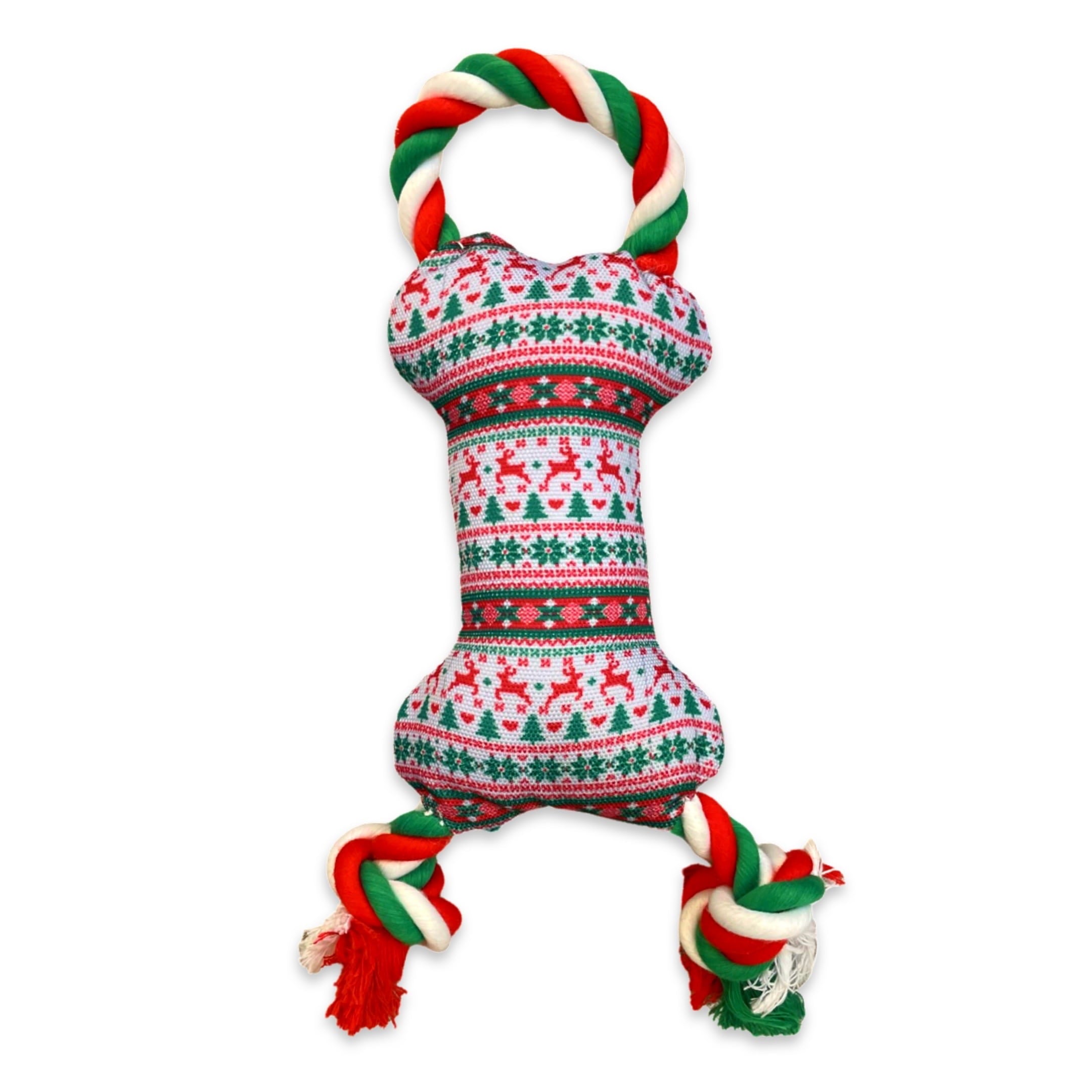 DuraPaw Multicolored Christmas Plush Dog Toy With Tug Rope