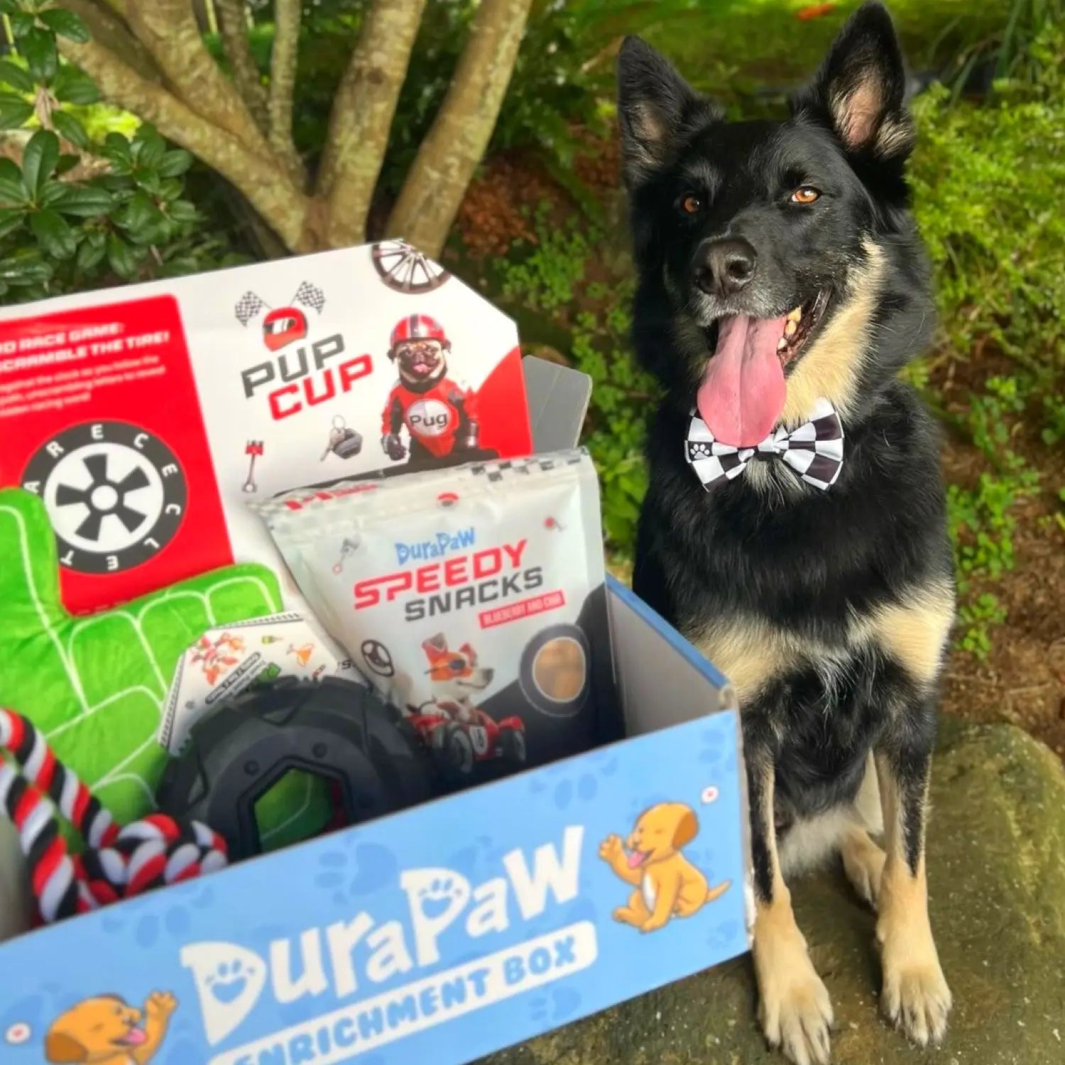 Happy Dog with DuraPaw Racing Theme Toy Treat Subscription Box