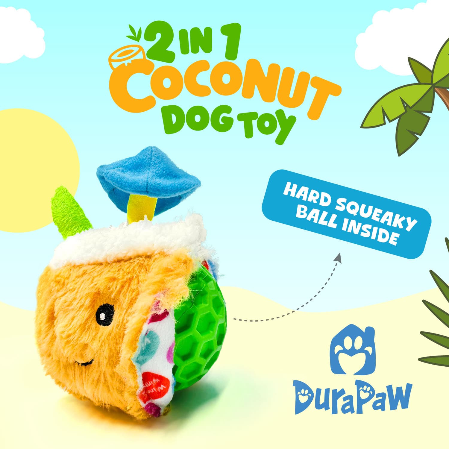 2 in 1 Coconut Vacation Themed Durable Dog Toy